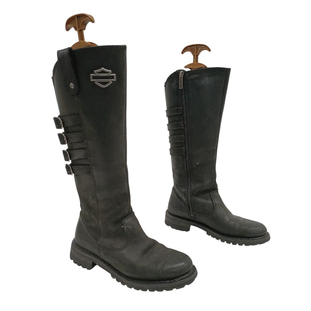 Harley-Davidson Josi 15 Inch Tall Black Leather Moto Boots 7.5 Buckle Biker - Picture 4 of 5